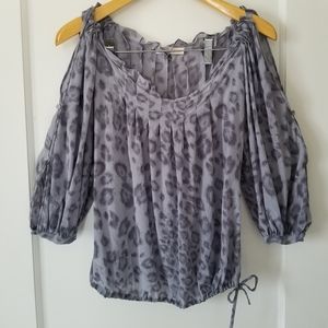 Rebecca Taylor Grey Leopard Print Boat Neck Silk Long Sleeve blouse